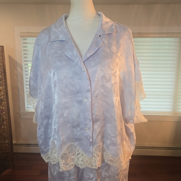 VTG Christian Dior Floral Lace Bow Satin Negligee Pajama Set Light Blue Large - Picture 4 of 15